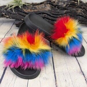 Vibrant Rainbow Fur Slides - Size 42-43